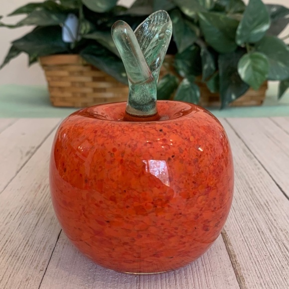 Orange Art Glass Weighted Apple Paperweight With Clear Green Stem Leaf 4 1/2” T - Picture 6 of 15